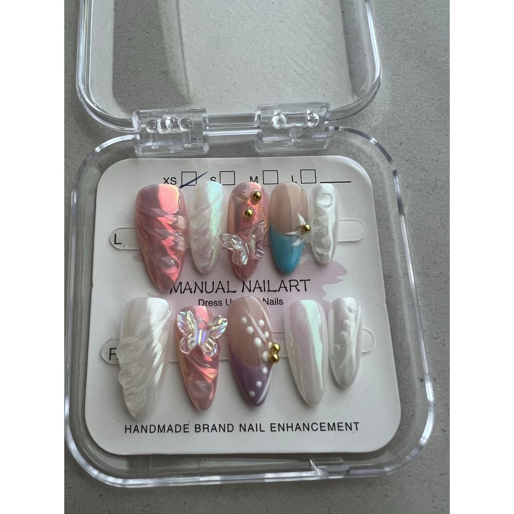 Hand Painted Butterfly Pastel Iridescent 3D Medium Almond Press On Nails - Small
